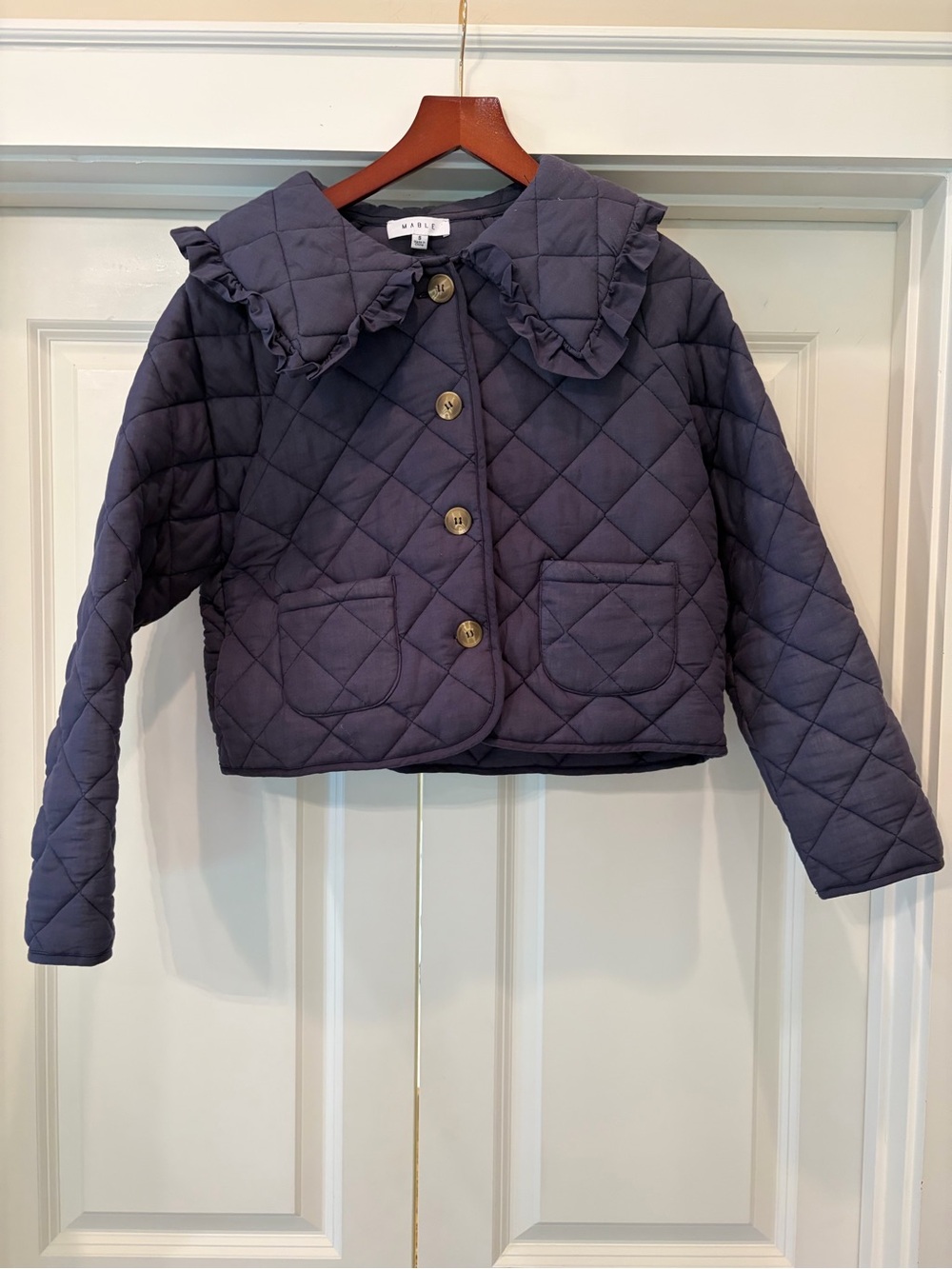 Mabel Ruffled Collar Quilted Puffer — Navy